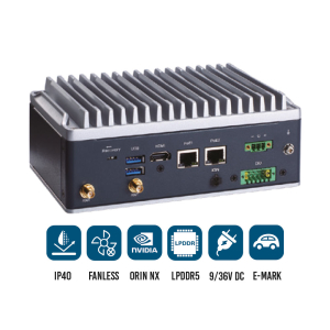 PC fanless pour l'Edge NVIDIA Jetson Orin NX 16GB, x1 HDMI, x1 GbE PoE, x1 2.5 GbE PoE, x2 USB, 1x COM/CAN, x4 entrée & sorties digitales